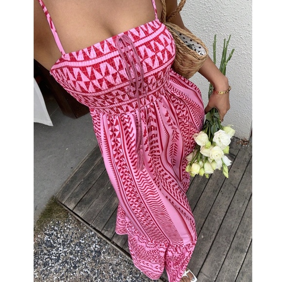 Boho Geo Print Shirred Stretchy Waist Cami Dress - Picture 1 of 13